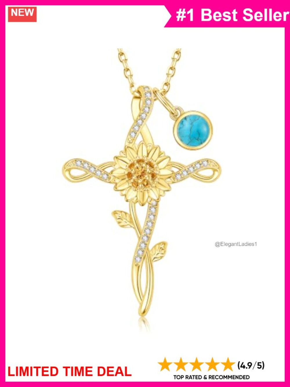 14k Gold Plated Sunflower Cross Birthstone Pendant Necklace